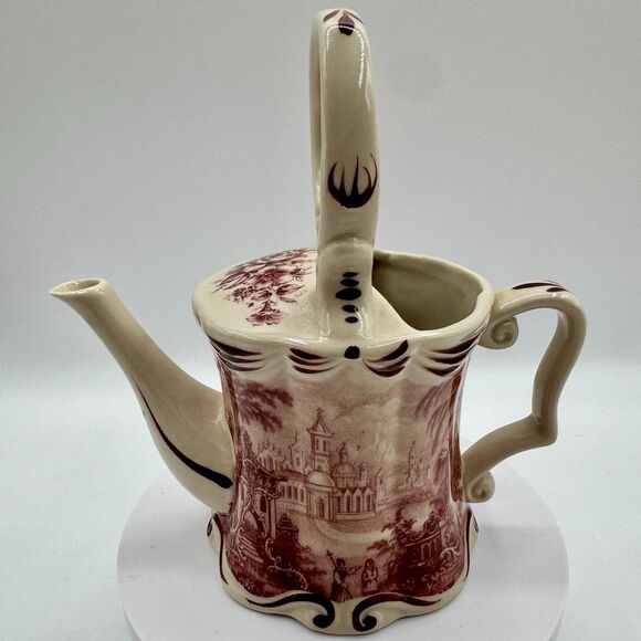 Burton & Burton Red Toile China Porcelain Small Watering Can Pitcher Tea Pot - Picture 1 of 9